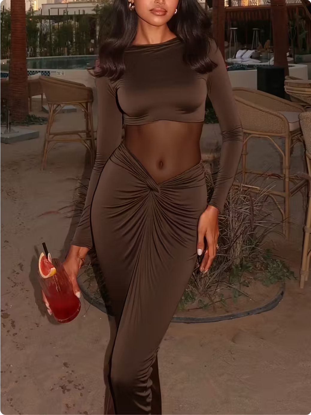 brown elegant long sleeve bodycon dress