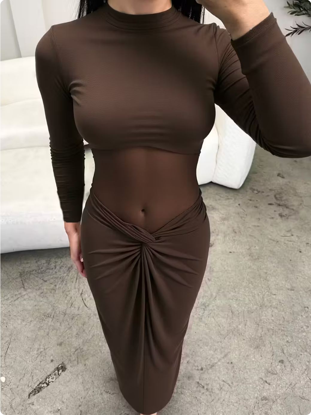 brown elegant long sleeve bodycon dress