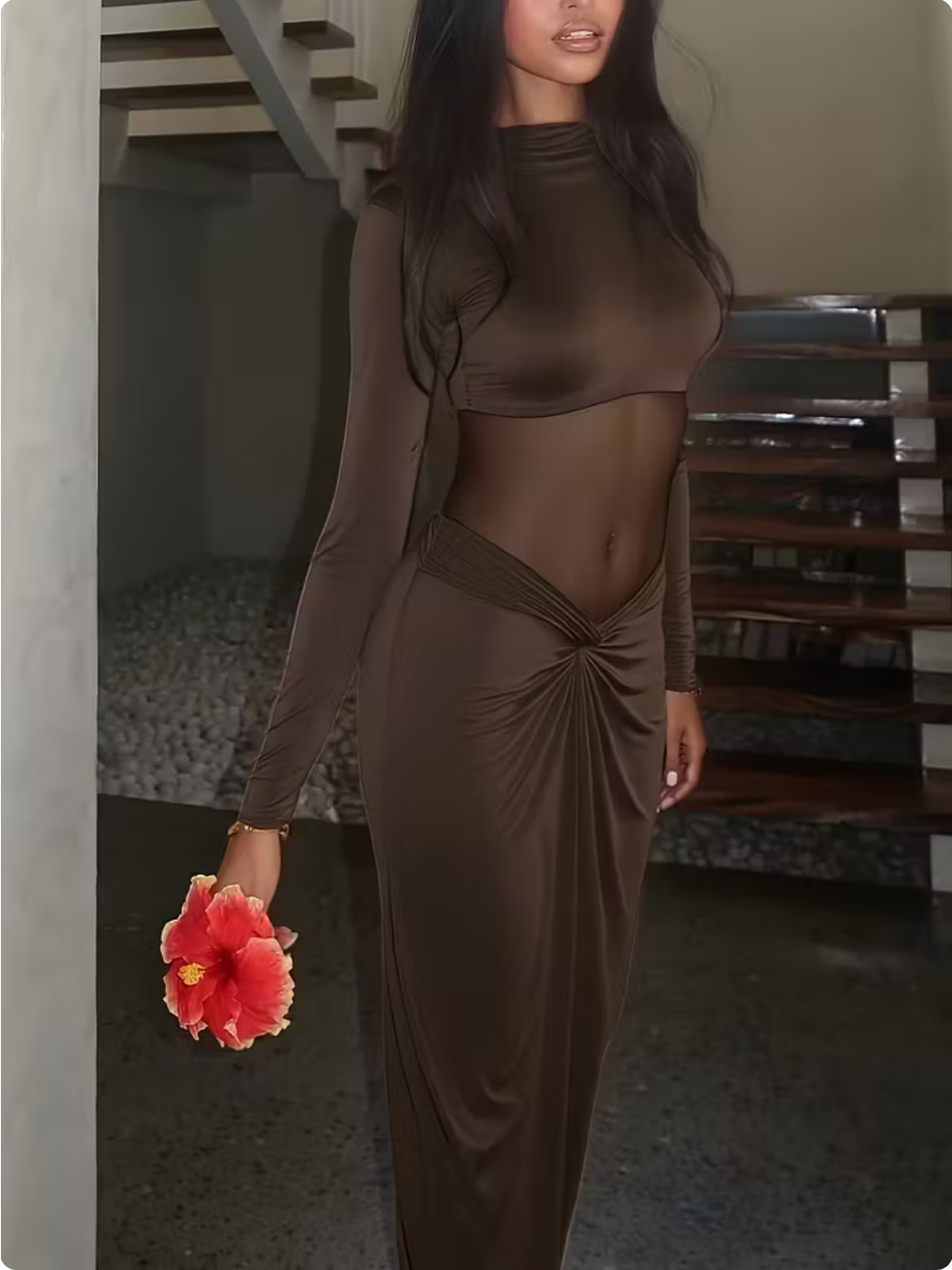 brown elegant long sleeve bodycon dress