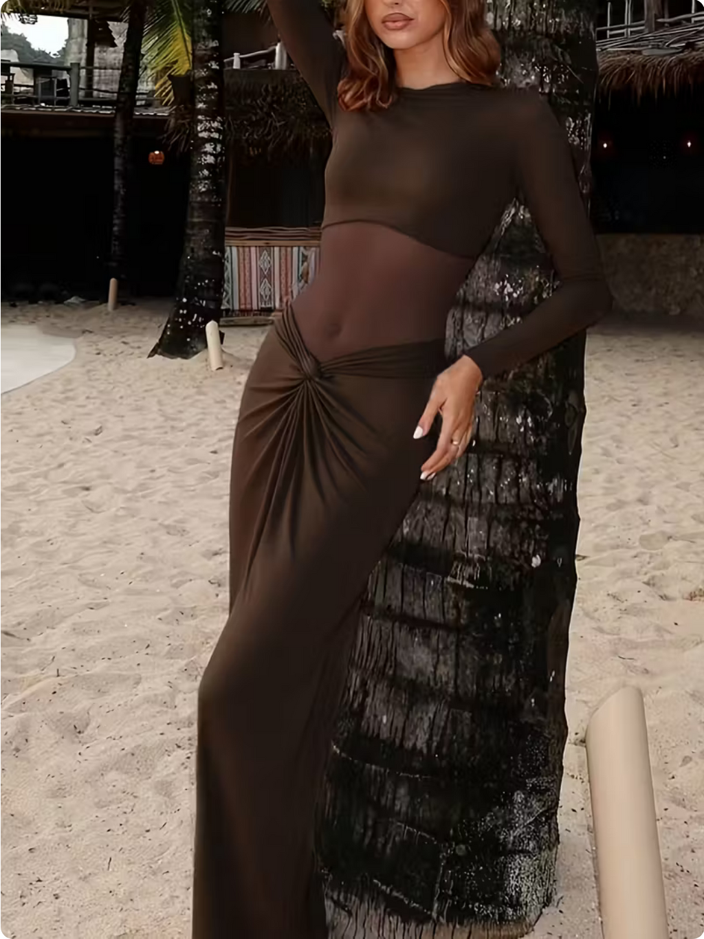 brown elegant long sleeve bodycon dress
